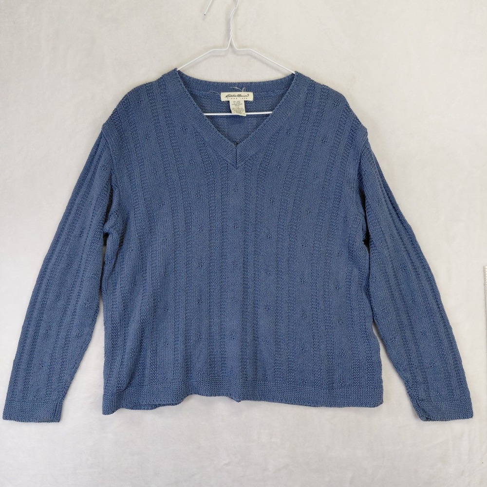 Vintage Eddie Bauer Blue Linen Cotton Pointelle V-Neck Sweater Petite Large